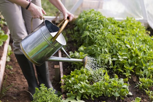 Worker wearing PPE while operating gardening equipment on a property