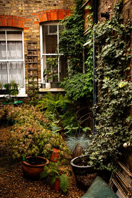 A narrow cobblestone street viewed through a historic stone archway inscribed with 'HOLLAND PARK MEWS.' The street gently slopes upward, bordered by residential gardens and hedges with trimmed bushes 